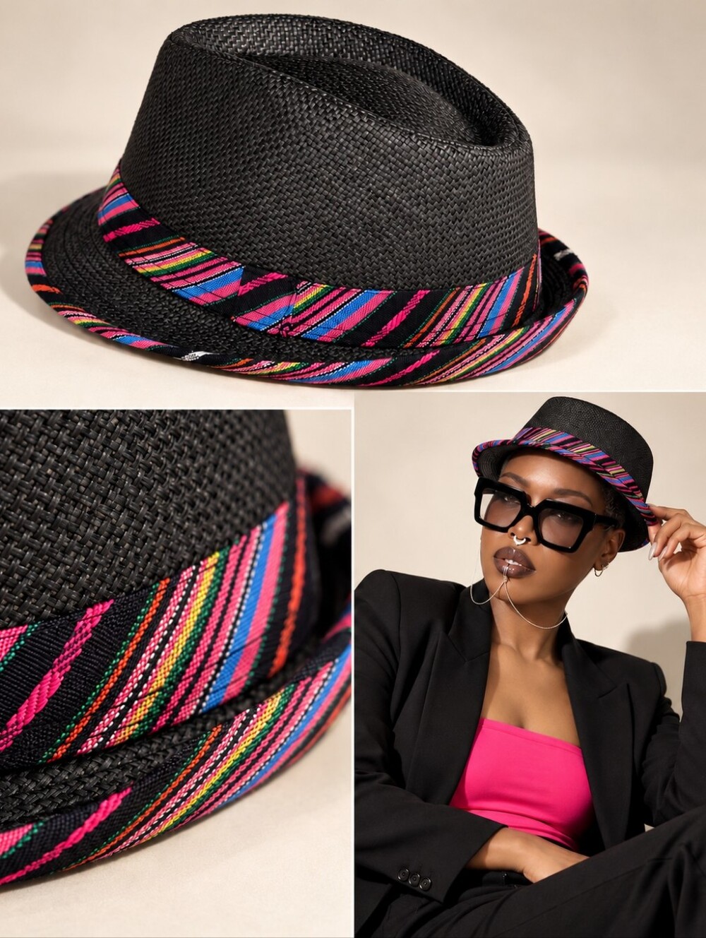 Black Straw Fedora with Multicolor Accent Band